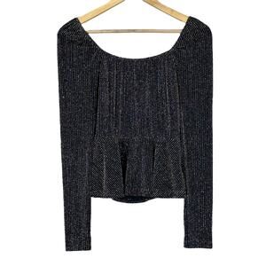 Mi Ami Top Womens S Black Metallic Peplum Long Sleeve Party Glam Whimsigoth